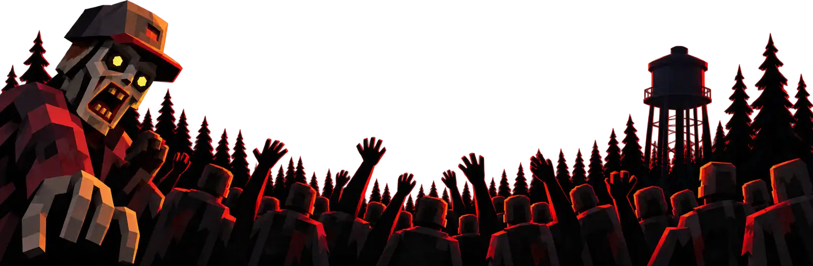 Une horde de zombies en contre-jour devant les sapins et le château d’eau