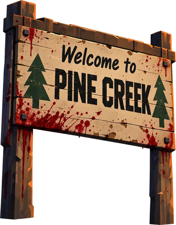 Le panneau d’entrée de Pine Creek, en bois, éclaboussé de sang