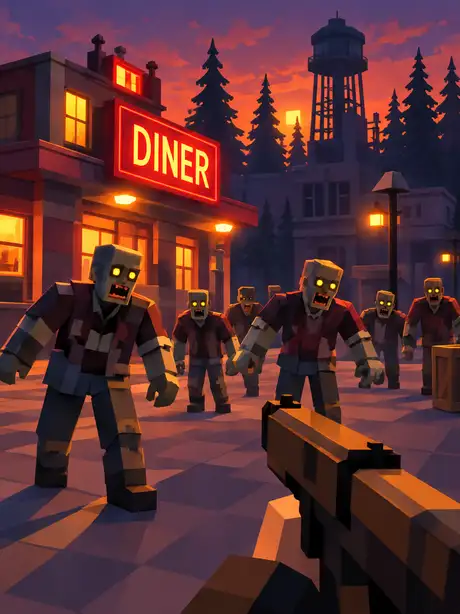 Une horde de zombies avance dans la rue devant l’enseigne rouge du DINER de Pine Creek, la nuit, vue par-dessus un fusil à pompe